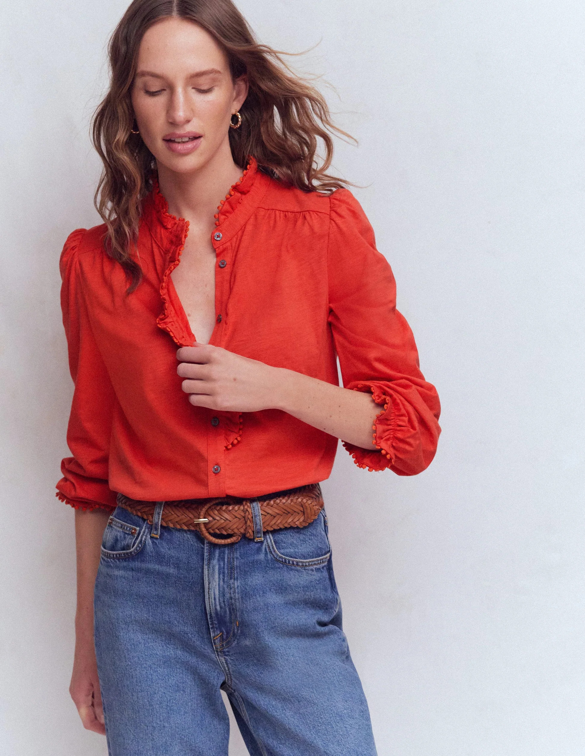 Emily Pom Detail Ruffle Shirt-Blood Orange | Boden (US)