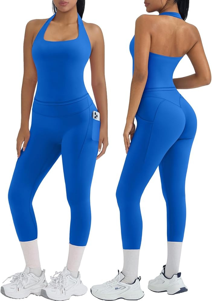 OMKAGI 2 Piece Workout Sets for Women Halter Tops Booty Leggings with Pockets Gym Outfits | Amazon (US)