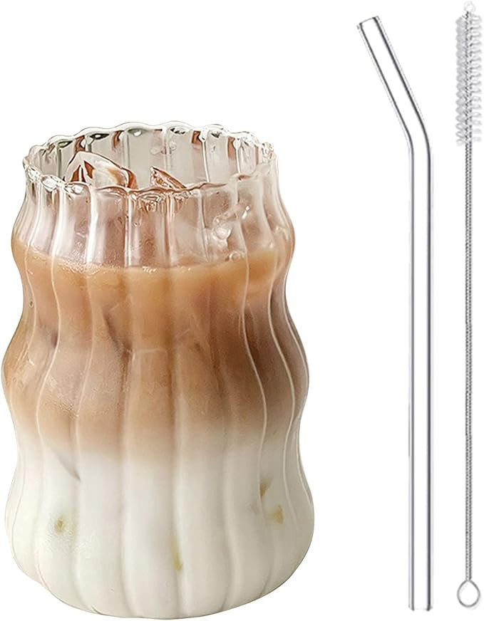 Maritown Ribbed Glassware Drinking Glasses with Straws, 18oz Ripple Glass Cups, Iced Coffee Glass... | Amazon (US)