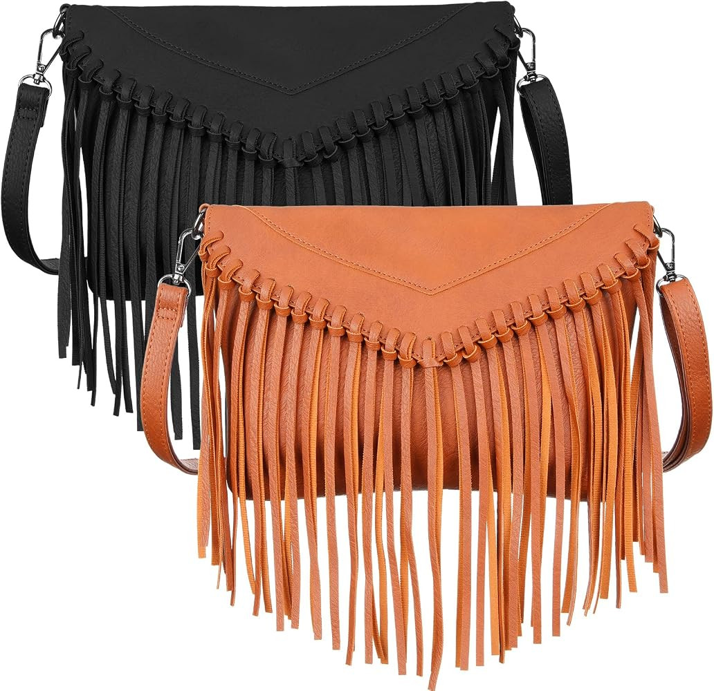 2 Pieces Women PU Leather Fringe Purse Boho Crossbody Tassel Purse Vintage Black Tassel Handbags ... | Amazon (US)