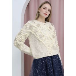 Sequined Flower Pom-Pom Knit Cardigan | Chicwish