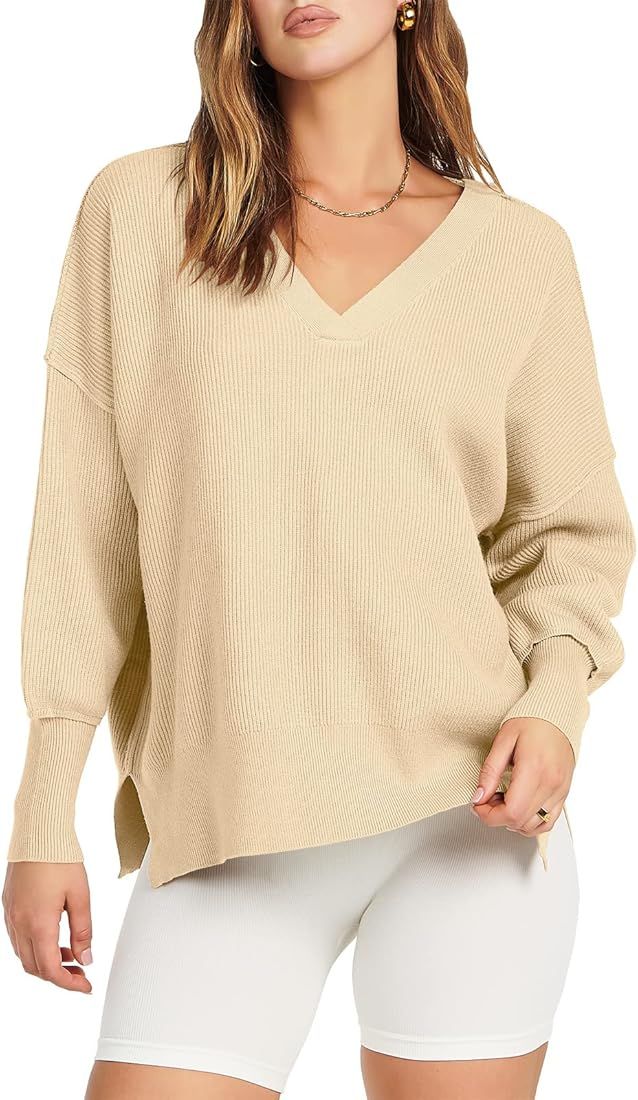 ANRABESS Women's Long Sleeve V Neck Hooded Drop Shoulder Oversized Slouchy Knit Pullover Sweater ... | Amazon (US)