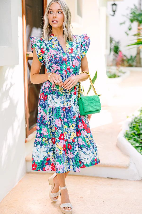 Bright Days Ahead Navy Blue Floral Midi Dress | The Mint Julep Boutique