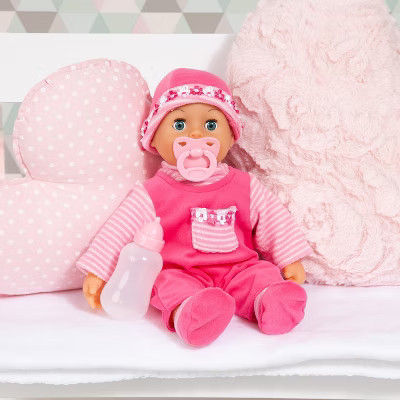 Bayer: Soft-Bodied Baby Doll with Sounds and Sleeping Eyes, 15'' Pink, Includes Bottle and Pacifier | Target