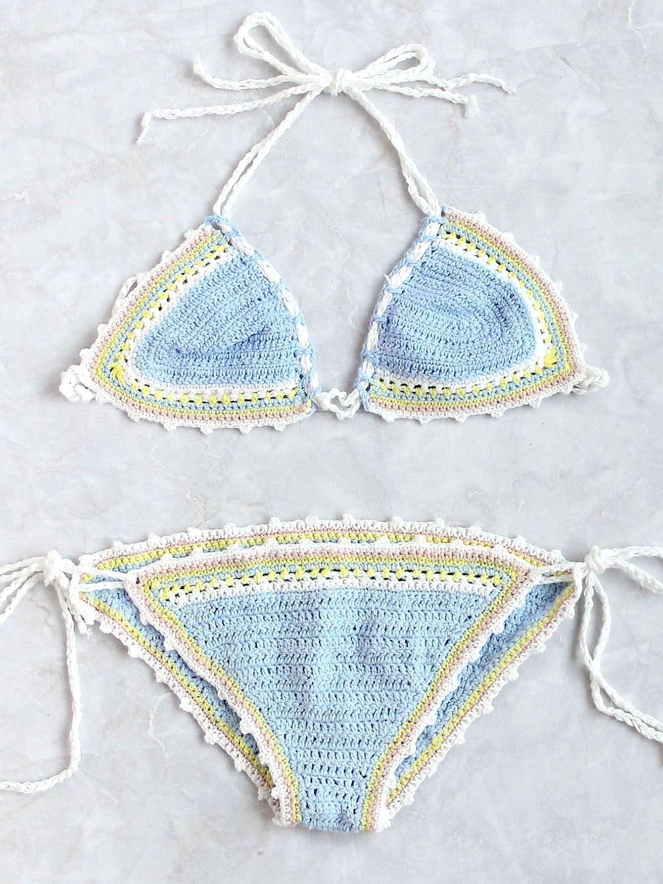 Blue Crocheted Halter Triangle Vintage Bikini Set | Romwe