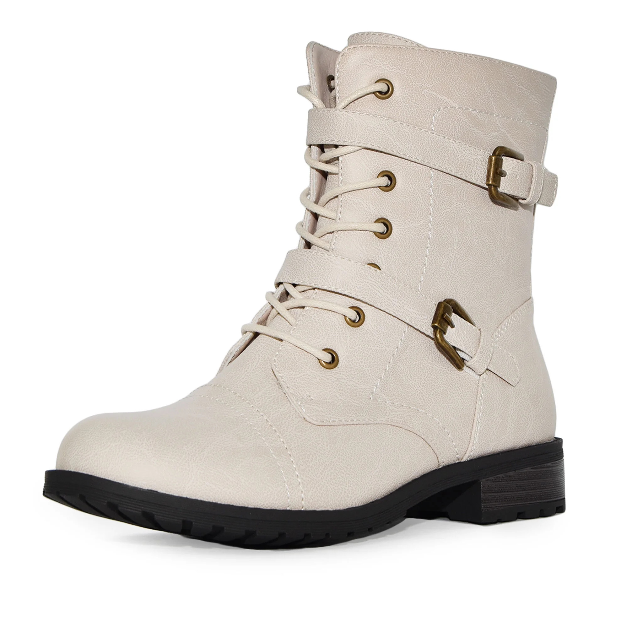 Wild Diva Women's Faux Leather Strappy Buckle Military Combat Fashion Lace Up Ankle Boots  (Beige... | Walmart (US)