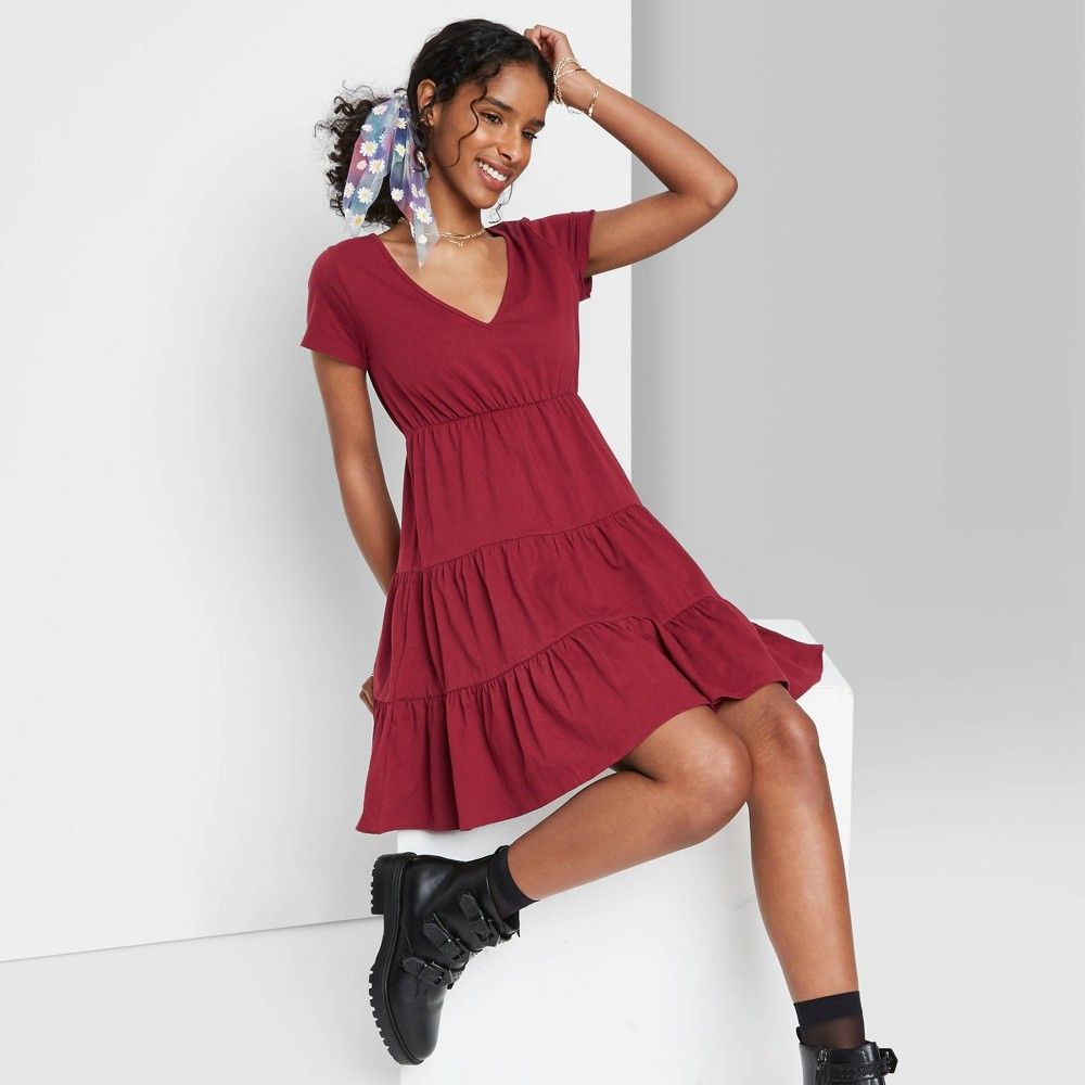 Women's Short Sleeve Tiered Knit Babydoll Dress - Wild Fable Berry XXL | Target