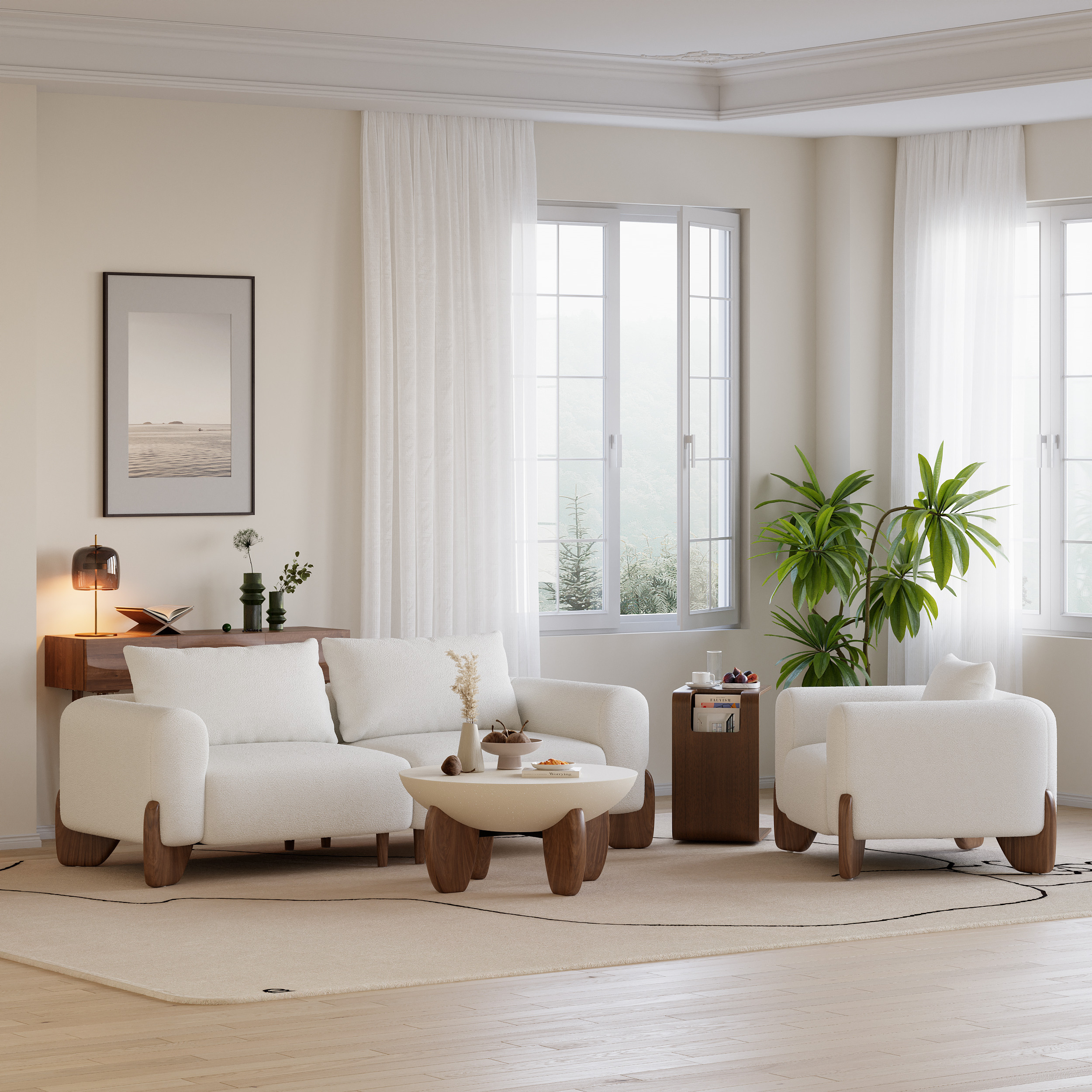 Living Room Sofa Loveseat Set Upholstered 2-Seater Couch & 2 White Boucle Accent Chairs Single Couch Set | Homary