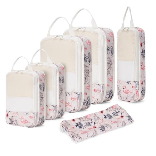 Narwey 6 Set Compression Packing Cubes for Travel Carry on Women, Packing Organizers Bag for Backpack Luggage Suitcase Duffle Bags (Beige Flamingo) | Amazon (US)