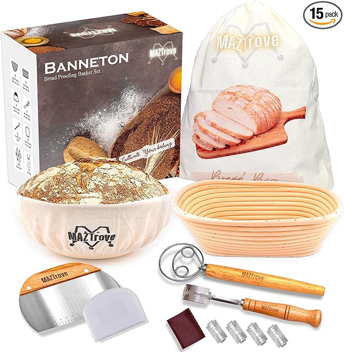 Banneton Bread Proofing Basket Set of 2 - Proofing Baskets 10" Oval and 9" Round Rattan Sourdough... | Amazon (US)