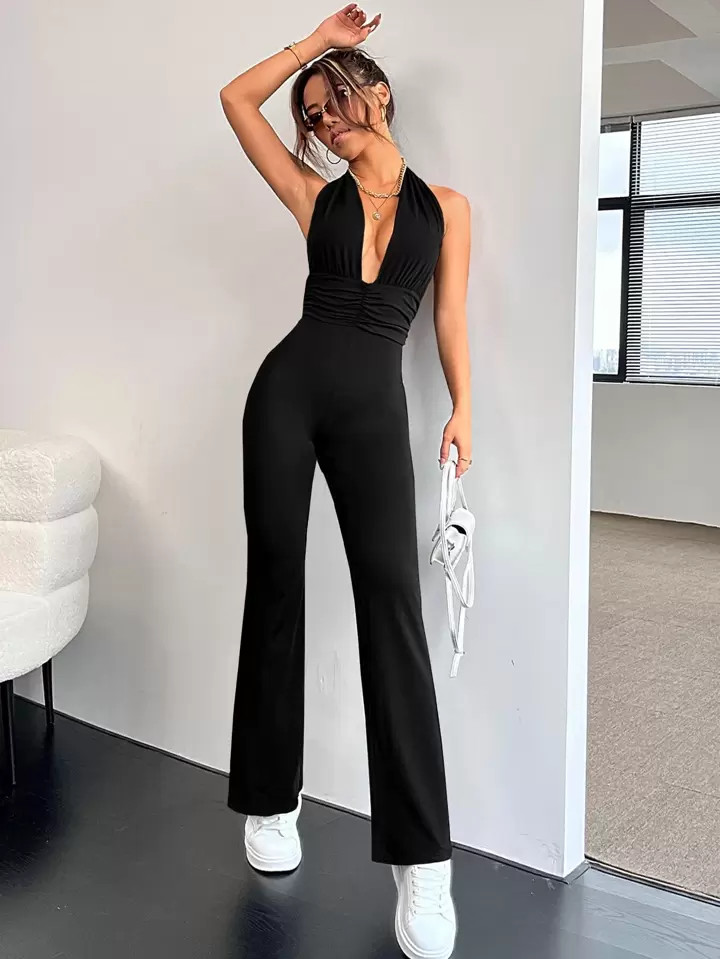 Jumpsuit Mit Französischem Stil, Tiefem V-ausschnitt, Rüschenverzierung, Offenem Rücken, Halte... | SHEIN