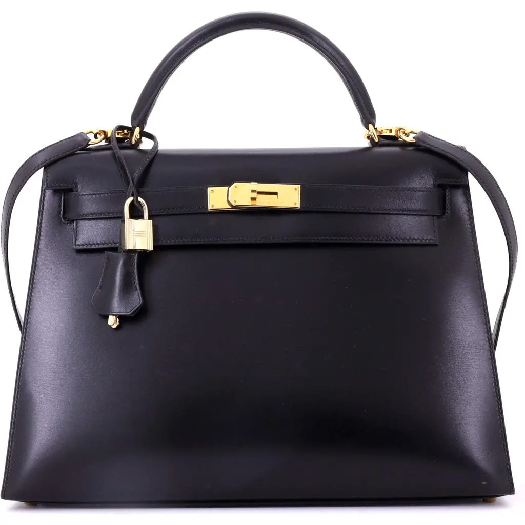 Pre-Owned Hermes Kelly Handbag Black Box Calf with Gold Hardware 32 in Noir at Nordstrom, Size Medium | Nordstrom