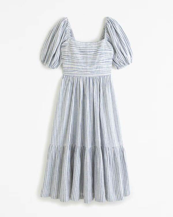 Women's Emerson Linen-Blend Puff Sleeve Midi Dress | Women's New Arrivals | Abercrombie.com | Abercrombie & Fitch (UK)