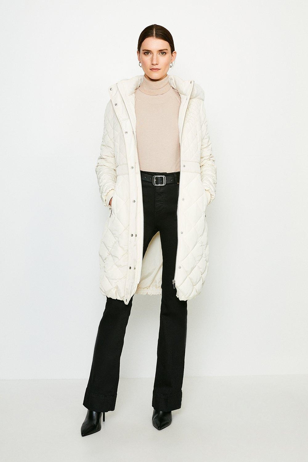 Long Quilted Faux Fur Trimmed Hood Coat | Karen Millen UK & IE