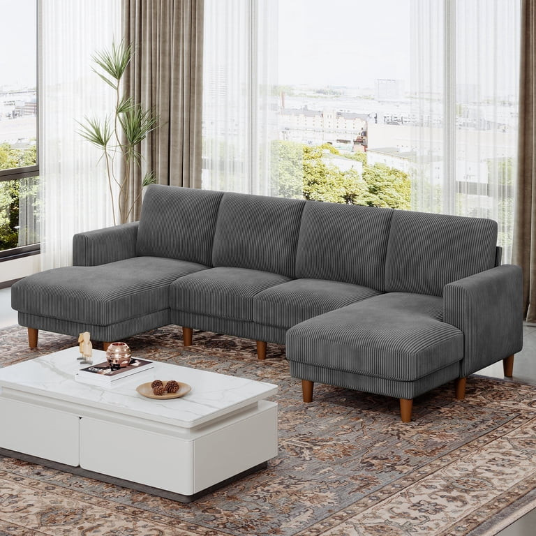 106" Corduroy Sofa for Living Room, U Shaped Couch, Wood Frame, Gray | Walmart (US)