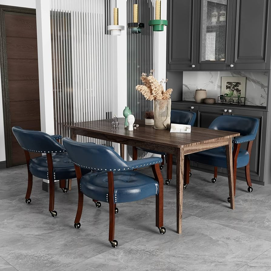 Set of 4 Dining PU Armchair with Casters, Purplish Blue, No Table | Amazon (US)