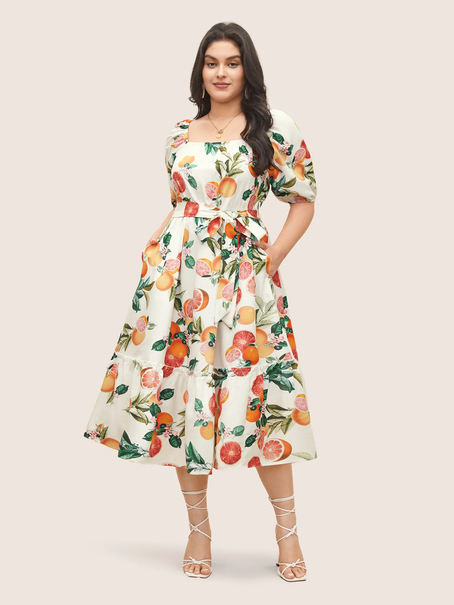 Citrus Orange Print Belted Frill Trim Gathered Dress | Bloomchic