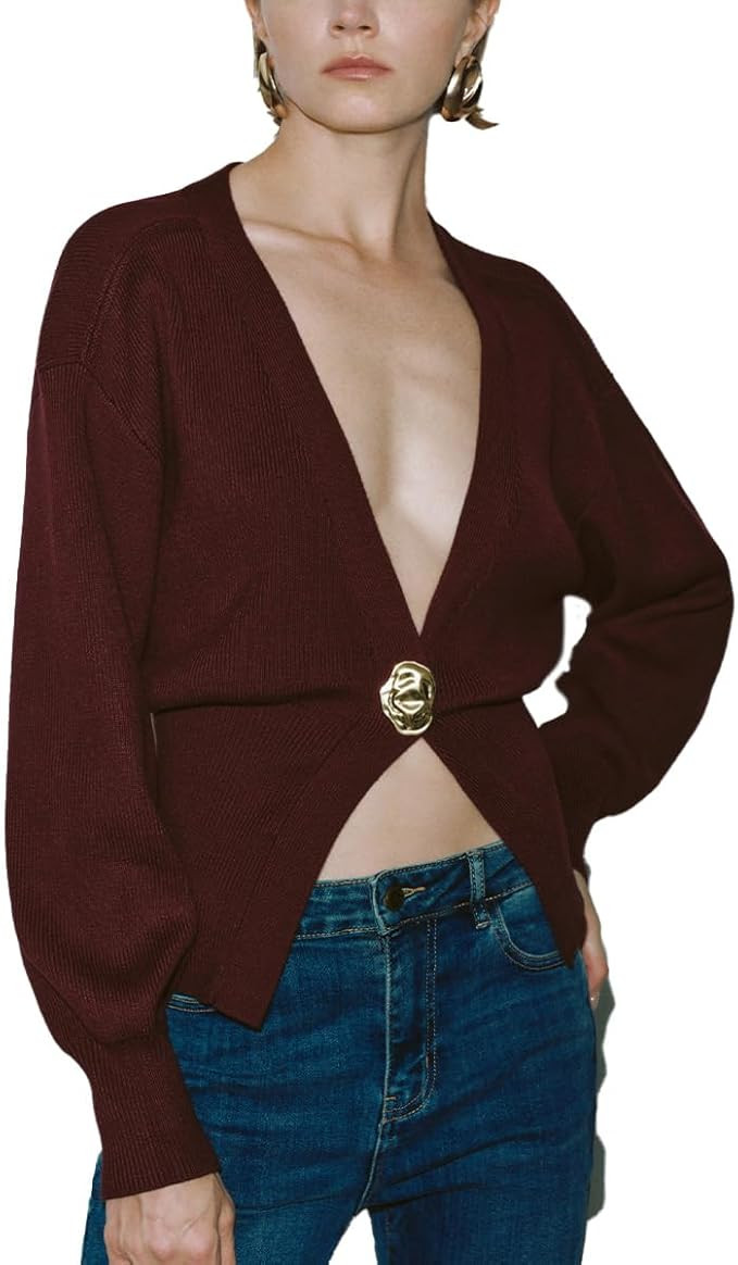 Women Knitted Cardigans Long Sleeve V-Neck Lightweight Sweater One Leaf Button Down Outwear | Amazon (US)