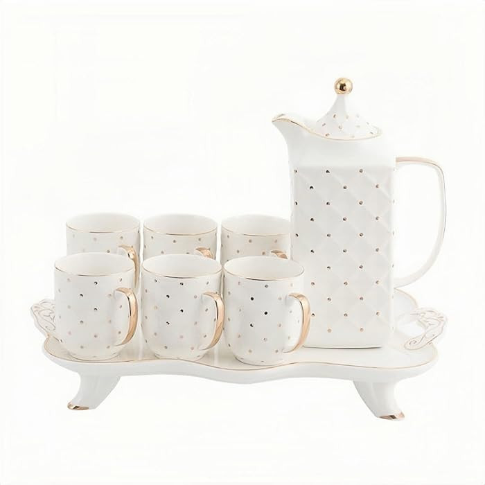8-Piece Gold Dot Ceramic Royal Set for Home Use Wedding Gift with 6 Mugs Teapot and Tray for Afte... | Amazon (US)