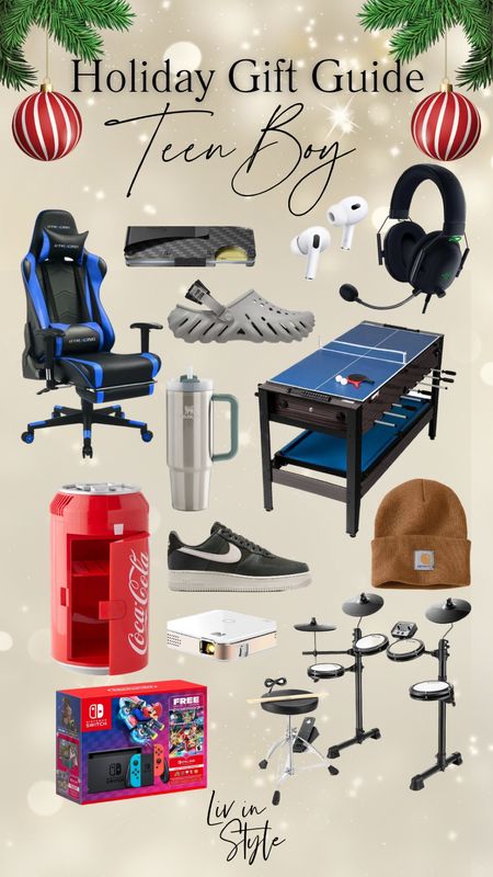Gift guide for the Teen/Tween boy in your life! Gaming chair, wallet, Apple AirPods, gaming headphones, Croc Echo Clogs, pocket projector, electronic drum set, Nike Air Force 1, Multi Game table, Carhartt beanie, Coca-Cola mini fridge, Stanley, Nintendo Switch and Mario Kart bundle.

#LTKkids #LTKfamily #LTKGiftGuide