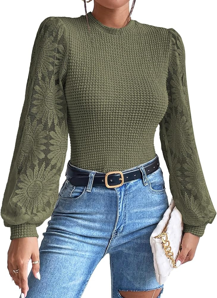 BLENCOT Womens Casual Crochet Top Mesh Lace Long Sleeve Shirts Waffle Knit Blouse Crewneck Shirt ... | Amazon (US)