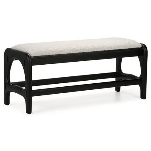 Camila Mid Century Modern White Boucle Performance Cushion Black Oak Bedroom Bench | Kathy Kuo Home