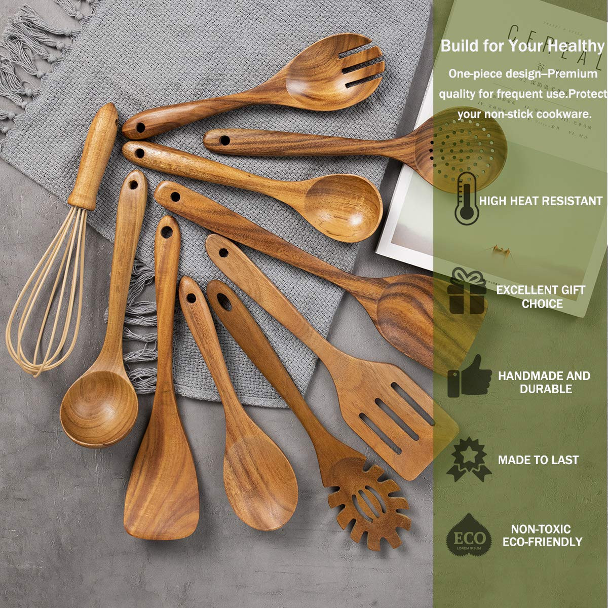 AIUHI 10 Pack Wooden Spoons for Cooking, Teak Wood Kitchen Utensils Set for Non Stick Use, Spatul... | Amazon (US)