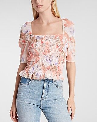 Floral Puff Sleeve Smocked Top | Express