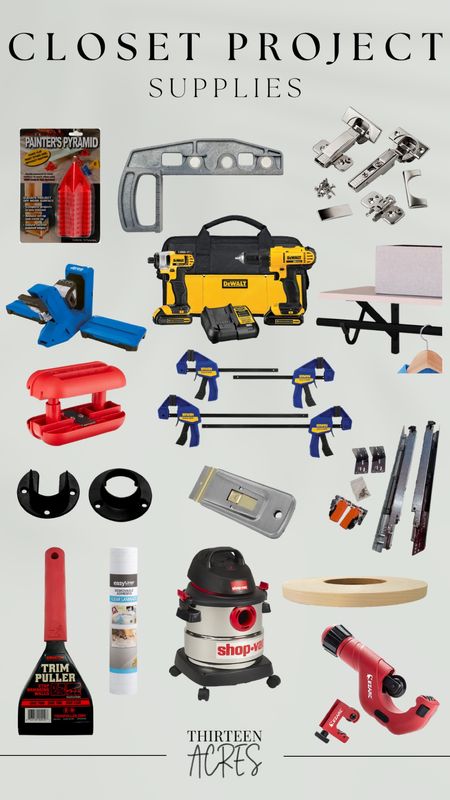 Closet project supplies:

Tools, drill, shop vac, Kreg jig, drawer slides, closet rod, razor blade, pipe cutter, quad trimmer, trim puller, veneer.

#LTKhome