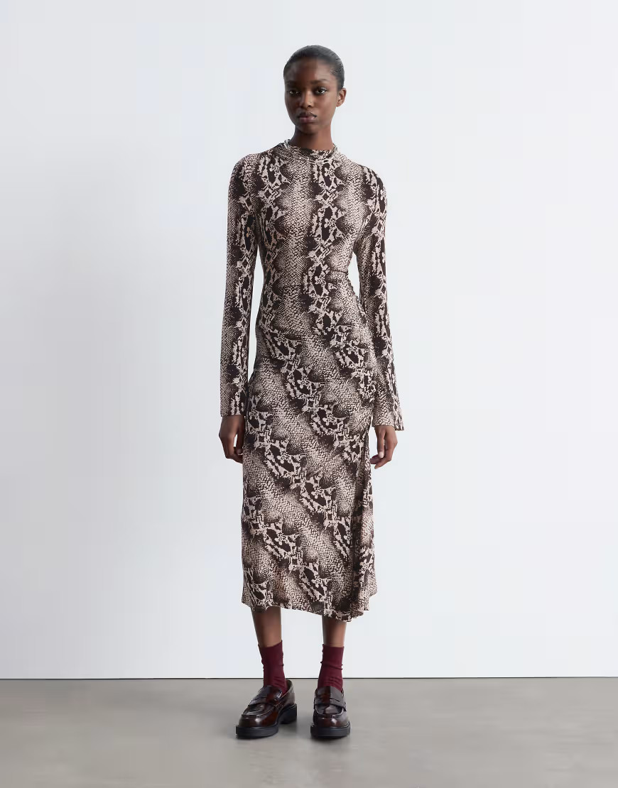 & Other Stories jersey long sleeve midaxi dress with ruched side detail in brown snake print-Multi | ASOS (Global)