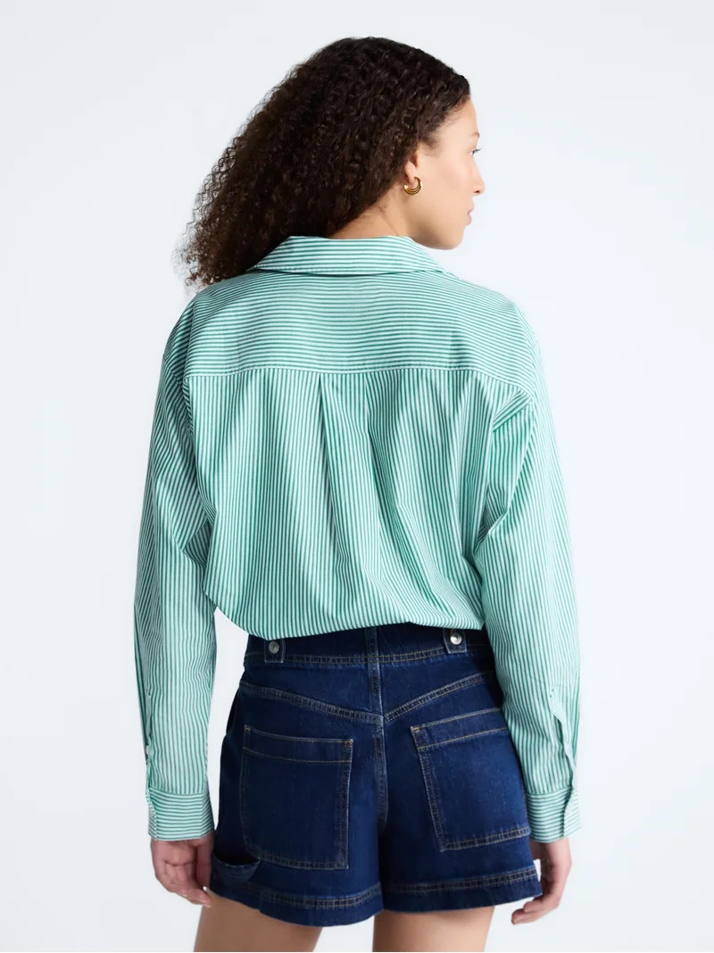 Free Assembly Women's and Women's Plus Cotton Poplin Tie Waist Shirt with Long Sleeves, Sizes XS-... | Walmart (US)