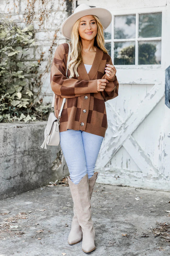 All I Wanted Brown Checkered Cardigan | Pink Lily
