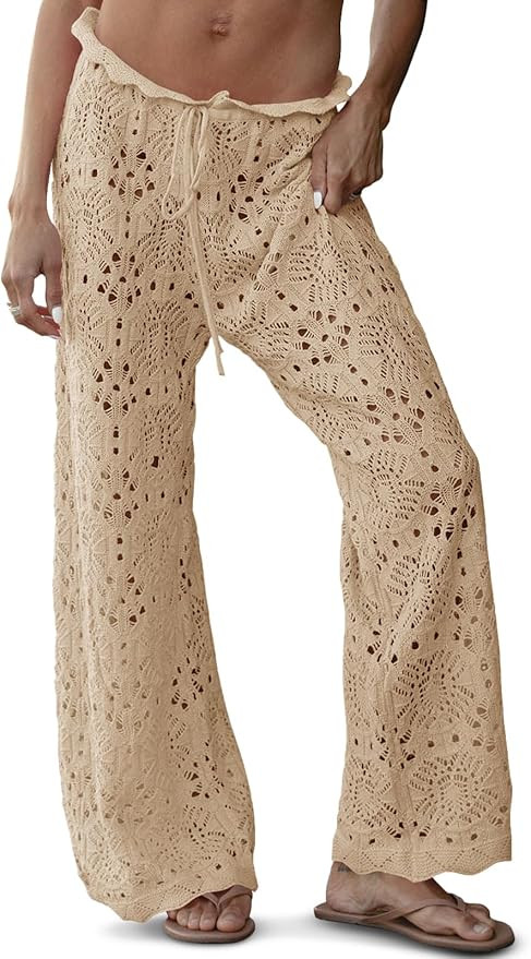 Saodimallsu Womens Crochet Swimsuit Coverup Pants High Waisted Drawstring Sexy Sheer Mesh Knit Wi... | Amazon (US)