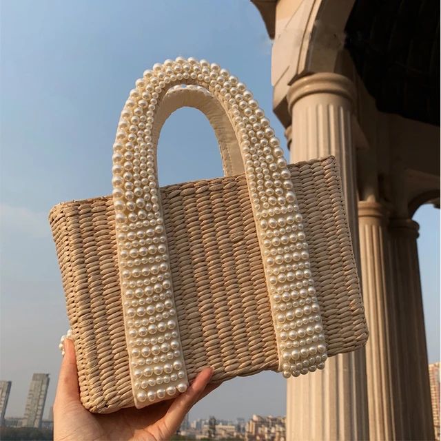 Fashion Pearls Handle Women Handbags Designer Beaded Straw Bags Luxury Pearl Rattan Tote Wicker W... | AliExpress (US)
