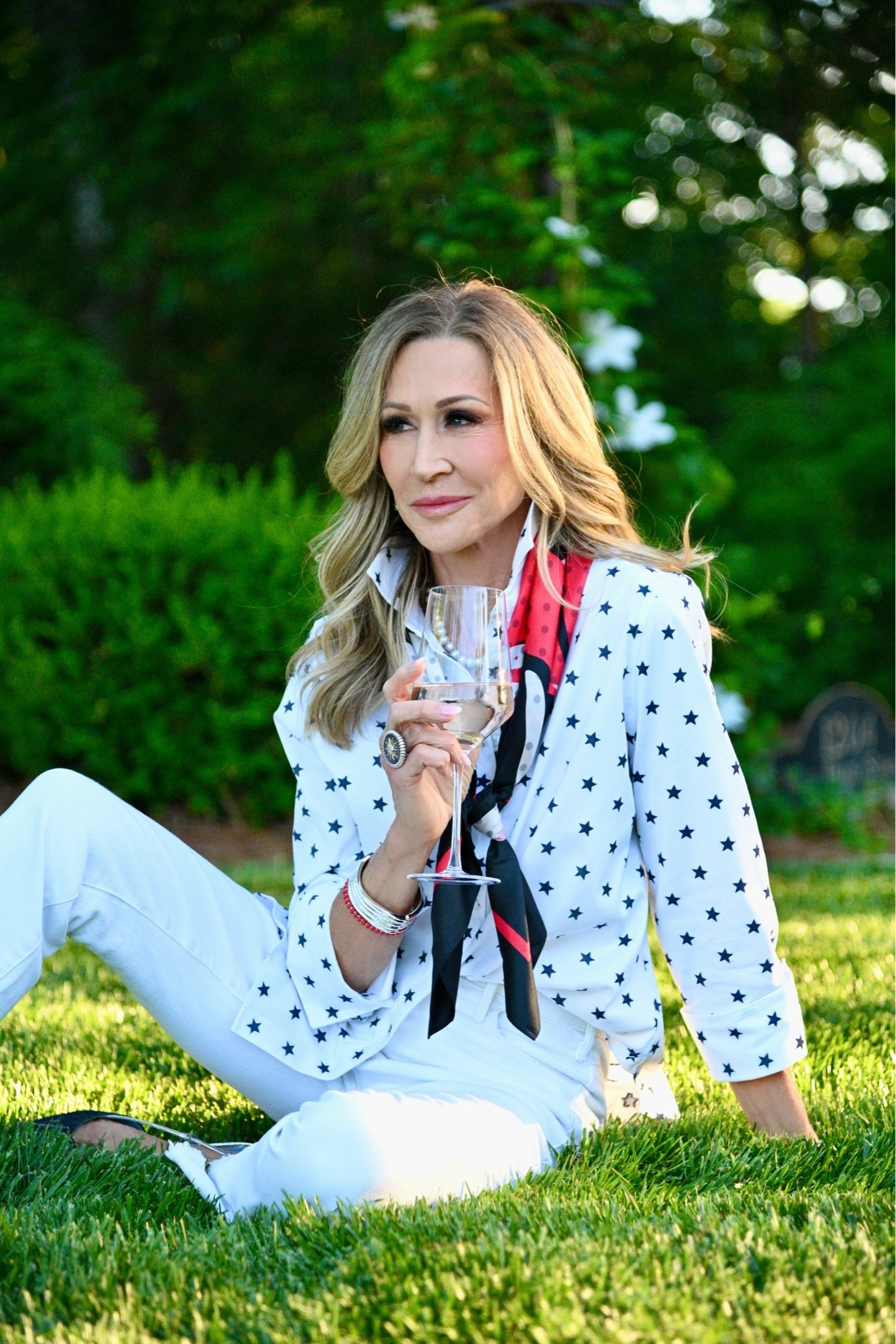 Tiny navy blue stars keep this button up blouse elegant and a scarf adds just the right amount of pizazz!  Wear with white jeans for a stunning summer look!

#LTKootd #LTKdayinmylife #LTKSeasonal