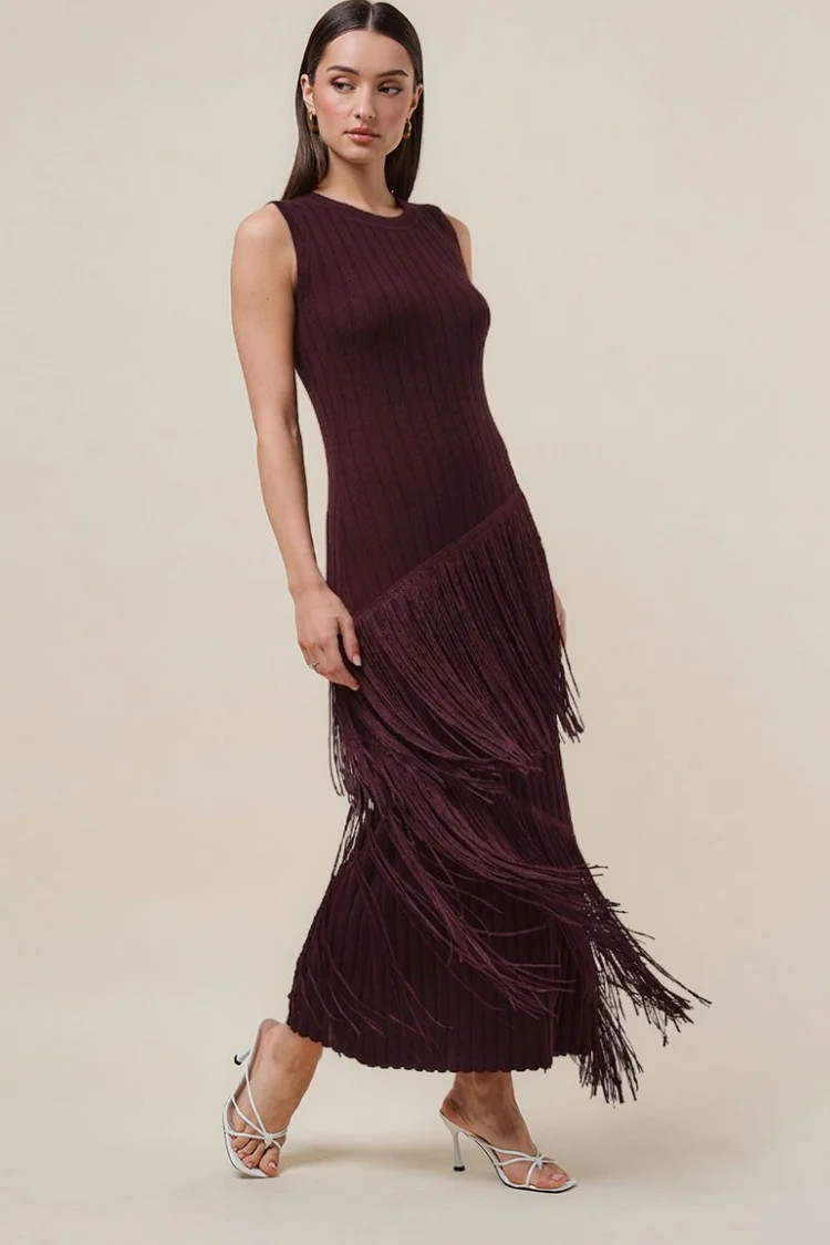 Pre-Order - Marisol Fringe Maxi Dress - Wine - 8/10 | Confête