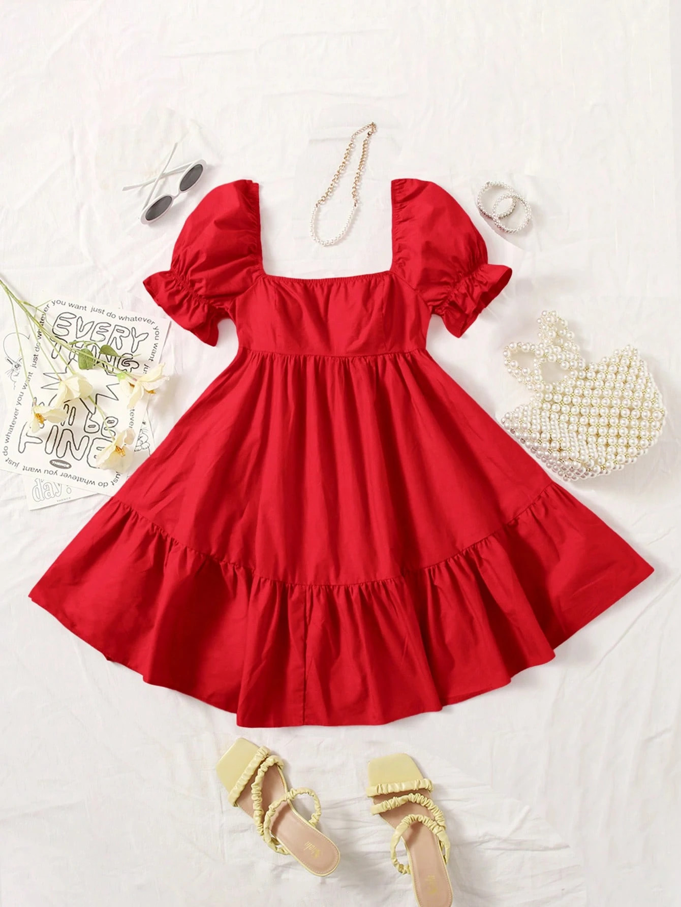 SHEIN WYWH Square Neck Puff Sleeve Ruffle Hem Dress | SHEIN