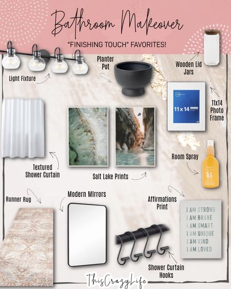 A bathroom makeover isn’t complete until you add those custom finishing touches - like a rug, art work, light fixture, shower curtain & more! We had fun decorating & updating our bathroom upstairs! All items are linked below! 

#LTKhome #LTKfamily #LTKGiftGuide