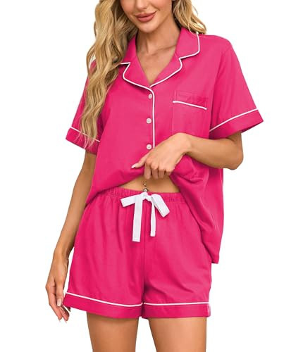CF 100% Cotton Short Pajamas for Women Set Soft Button Down Pjs Set Short Sleeve Sleepwear and Shorts with Pockets(Hot Pink,M) | Amazon (US)