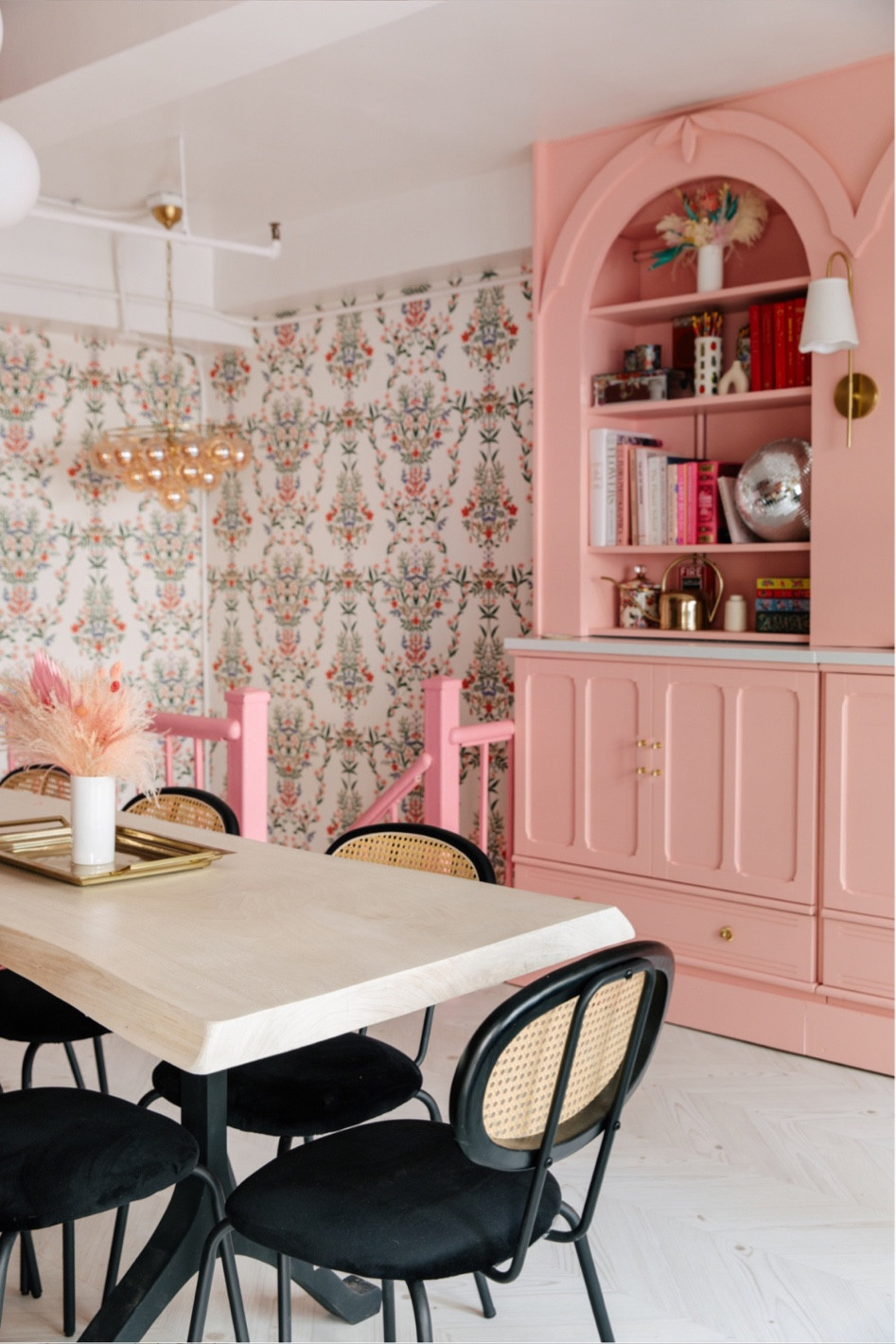 Pink dining room girly home decor pink custom bookshelf styling 

#LTKhome