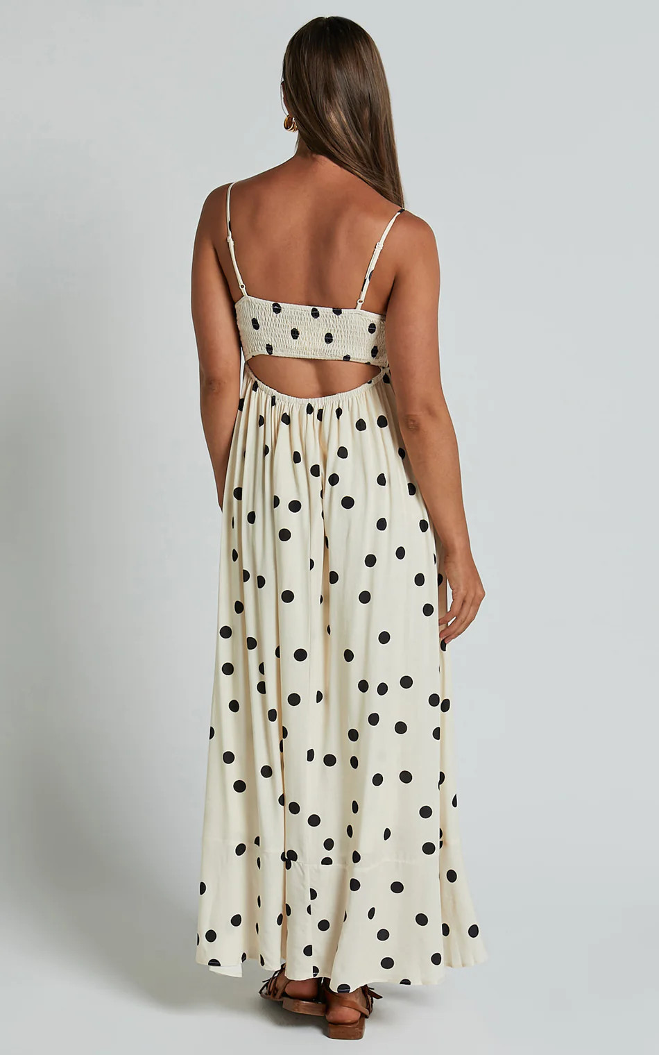 Miriam Midi Linen Blend Dress - Strappy Straight Neck A Line Dress in Beige & Black Spot | Showpo (US, UK & Europe)