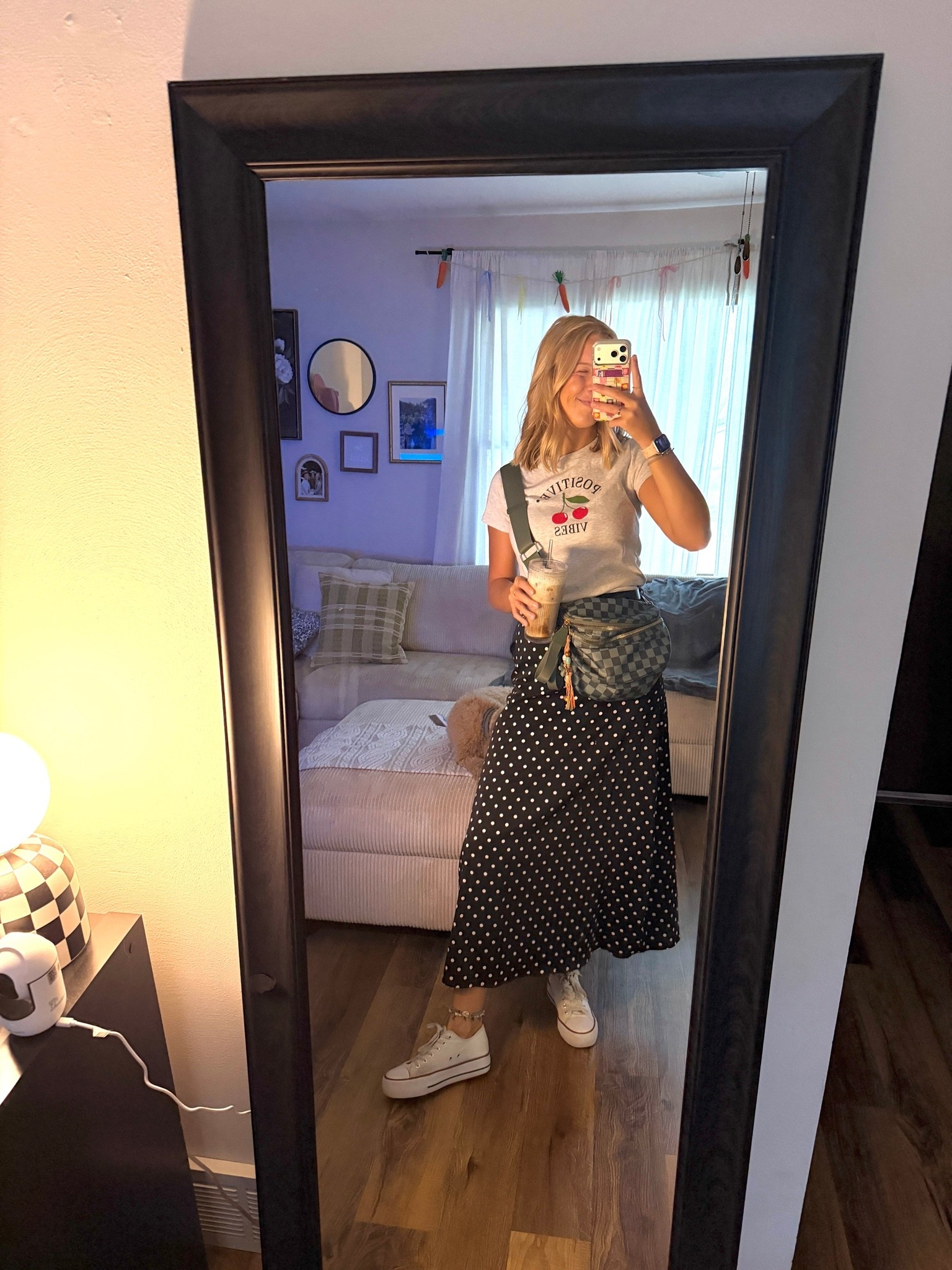 Another 👀 at TODAY’S FUN OOTD — 08.18.26 🖤🍒🤍💋

Medium in black and white polka dot skirt from Amazon
Medium in positive vibes shirt (oldie but I have no idea where it’s from, so linking similar options 🍒)
size 9 in white Converse dupes from Amazon 
black belt is from @Target - size small
*jewelry is from Amazon & @Target & the Langley Co. :)
Medium in butter yellow pajamas from Walmart

outfit of the day, office outfits, Amazon finds, Amazon fashion, Amazon deals, Amazon skirts, polka dot skirts, trending skirts, Amazon shirts, Amazon footwear, Amazon dupes, Converse shoes, Converse dupes, white converse, casual outfits, cherry shirts, Amazon jewelry, trending on Amazon

#LTKootd #LTKgrwm #LTKSaleAlert