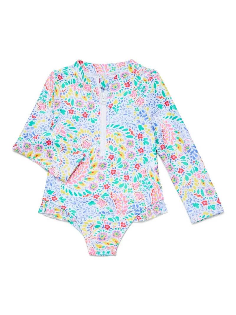 Wonder Nation Toddler Girl Long- Sleeve Zip Rash Guard Swimsuit, Sizes 12M-5T | Walmart (US)