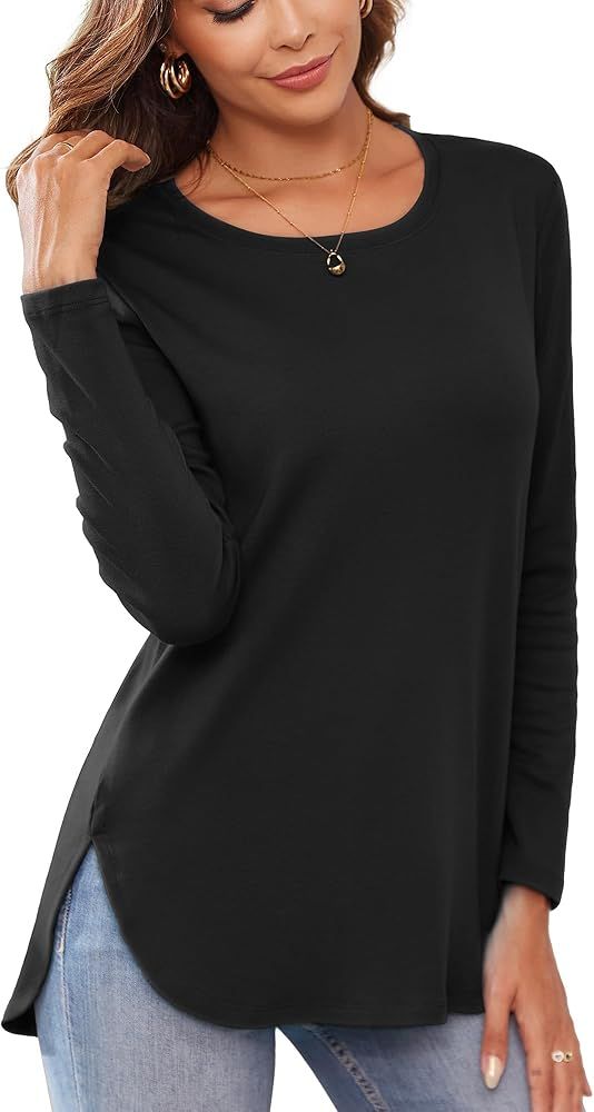 Herou Women's Casual Long Sleeve T Shirt Crewneck With Side Split Fall Pullover Loose Tunic Sweat... | Amazon (US)