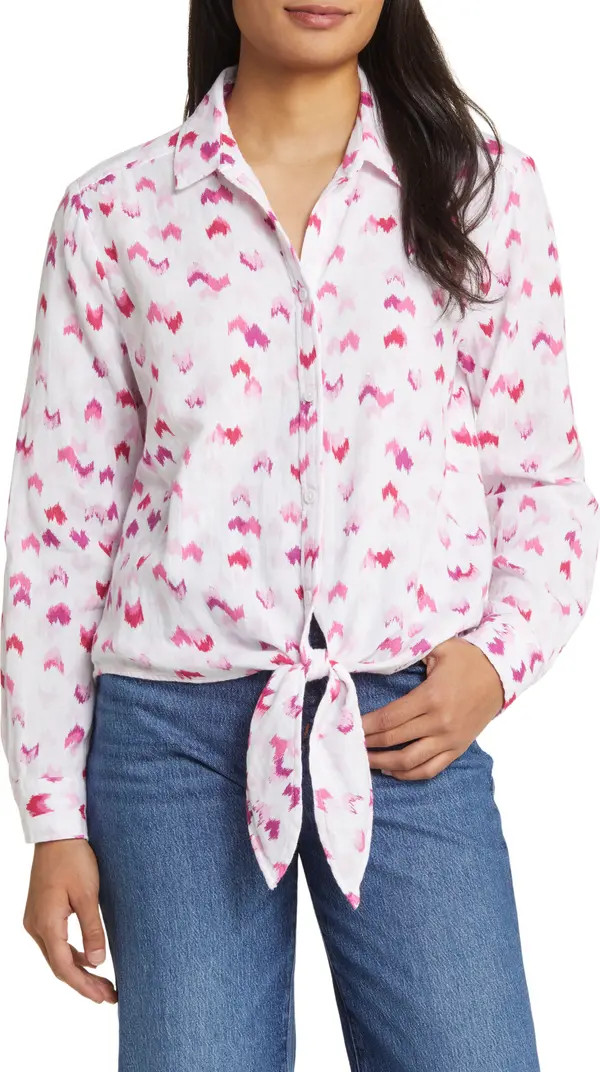 Jordyn Heart Print Cotton Gauze Tie Front Button-Up Shirt | Nordstrom