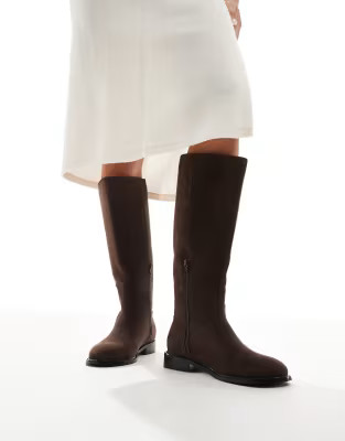 London Rebel Scarlett refined riding boots in suedette chocolate | ASOS (Global)