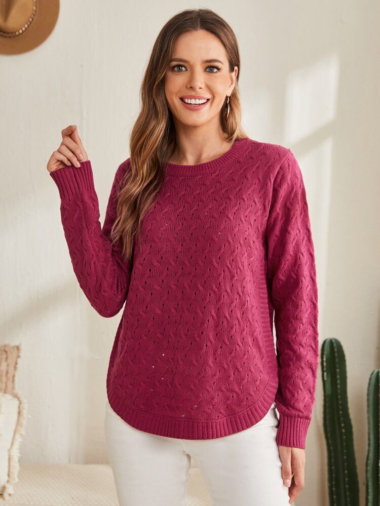 EMERY ROSE Pointelle Knit Curved Hem Sweater | SHEIN