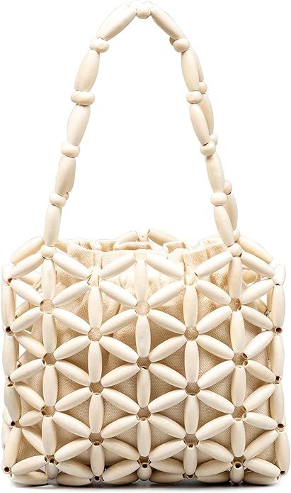 Women Girls Retro Wood Beaded Handbag Ladies Natural Handmade Drawstring Bucket Shoulder Bags Par... | Amazon (US)