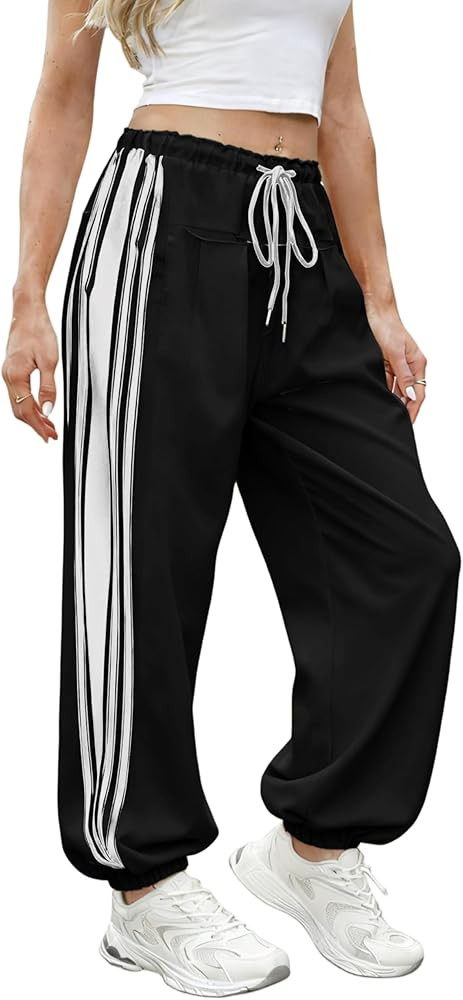 Hongsui Women's Baggy Side Striped Pants Color Block Jogger Pants High Waist Drawstring Harem Pan... | Amazon (US)
