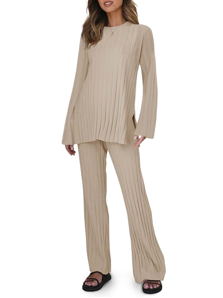 Tankaneo Womens Ribbed Knit Lounge Sets 2 Piece Outfit Long Sleeve Top and Pant Sets Casual Pajam... | Amazon (US)